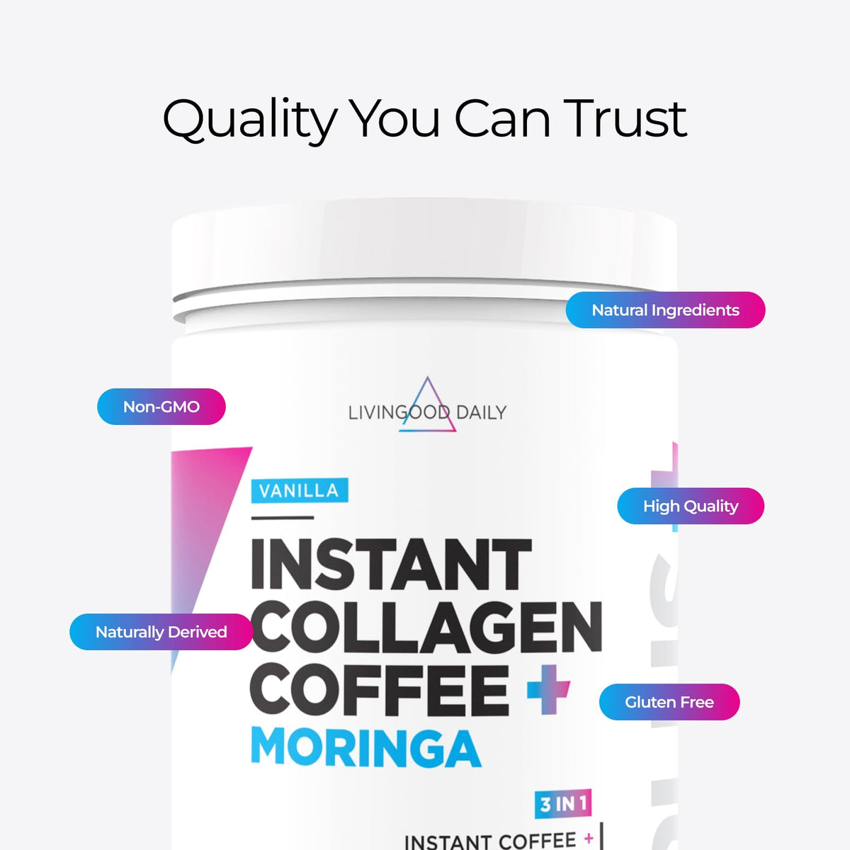 Livingood Daily Instant Collagen Coffee with Moringa, Vanilla – Low Acid, Organic, 12 oz