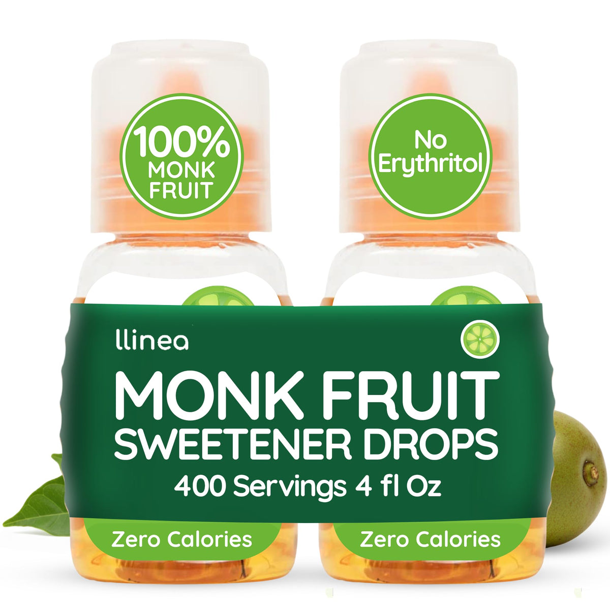 llinea Monk Fruit Drops - 100% Monk Fruit, Zero-Calorie Sweetener for Coffee, Tea & More | Gluten-Free, Non-GMO, No Erythritol | 2 x 2 oz