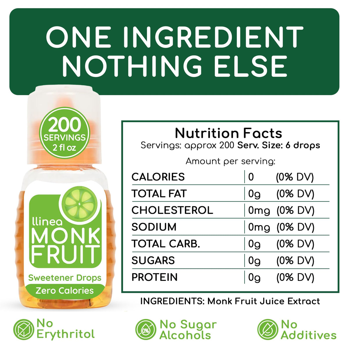 llinea Monk Fruit Drops - 100% Monk Fruit, Zero-Calorie Sweetener for Coffee, Tea & More | Gluten-Free, Non-GMO, No Erythritol | 2 x 2 oz