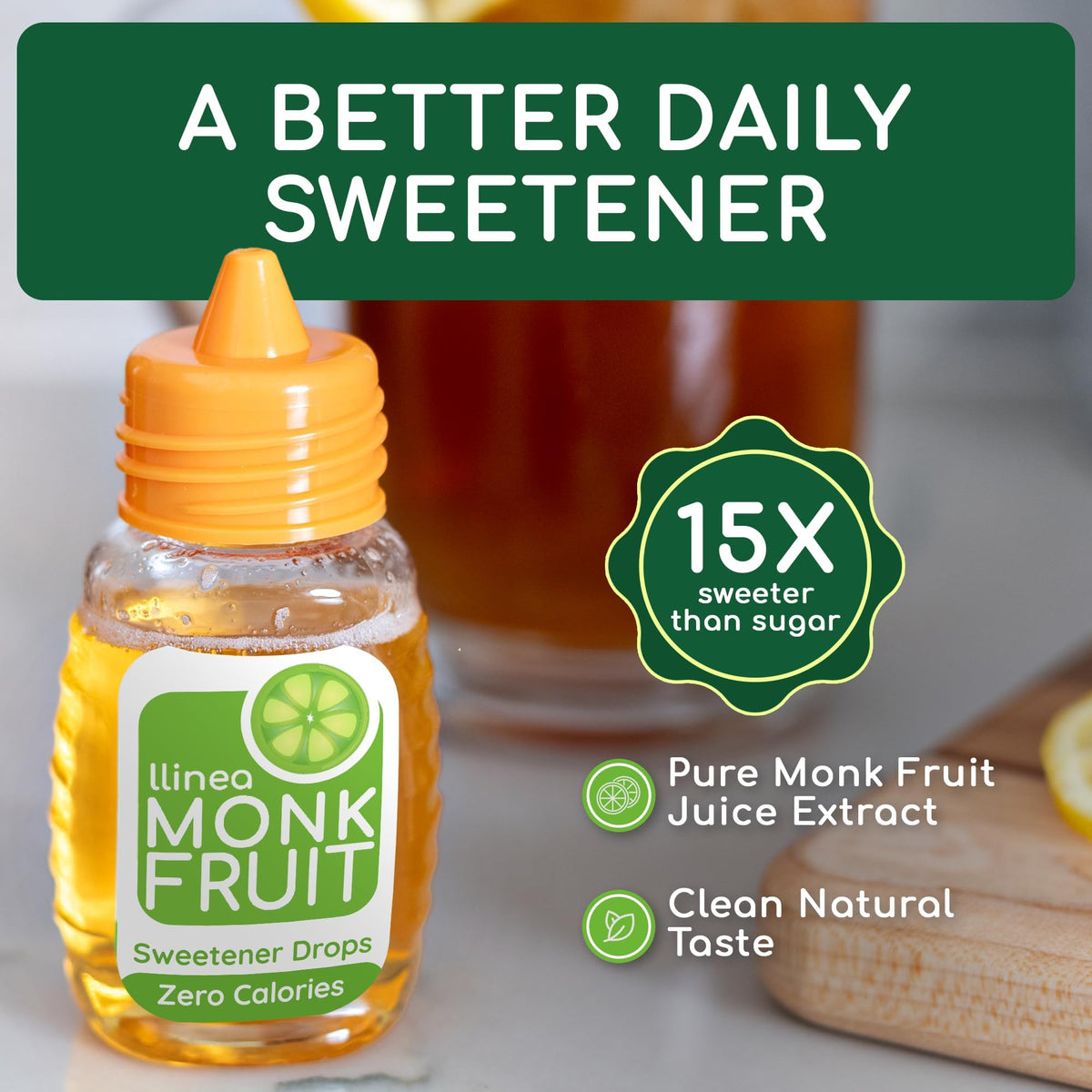 llinea Monk Fruit Drops - 100% Monk Fruit, Zero-Calorie Sweetener for Coffee, Tea & More | Gluten-Free, Non-GMO, No Erythritol | 2 x 2 oz