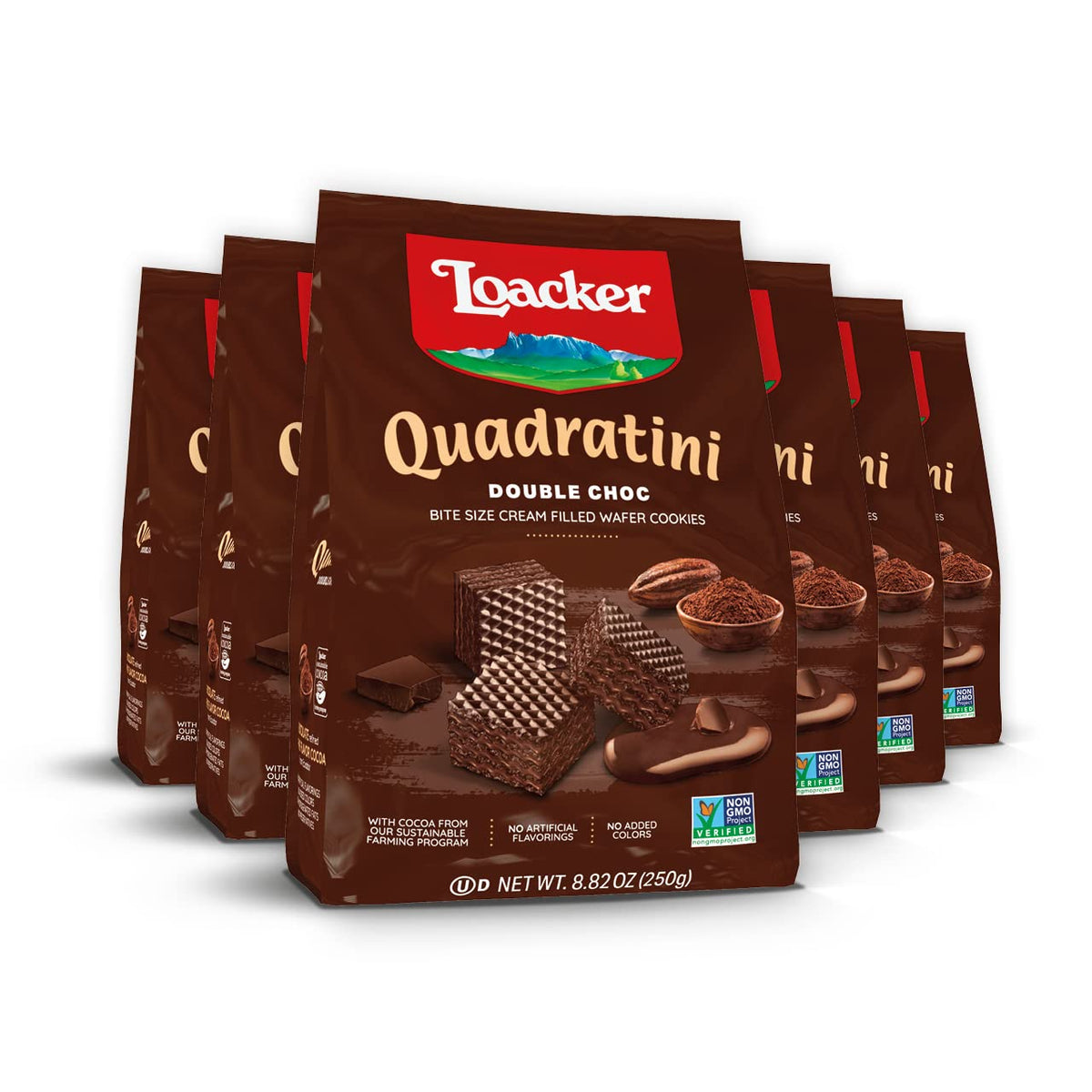 Loacker Quadratini Double Choc Wafer Cookies – 30% Less Sugar, Non-GMO, Large 6-Pack