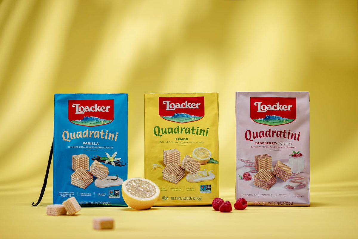 Loacker Quadratini Fruity Variety Pack – Lemon, Vanilla & Raspberry Yogurt Wafers | Large 6-Pack