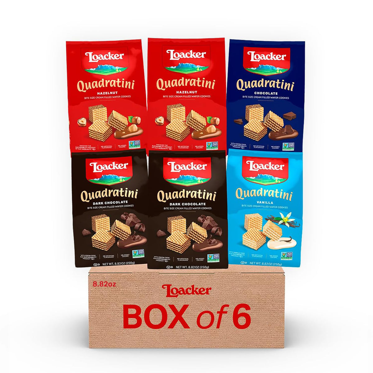 Loacker Quadratini Variety Pack Wafer Cookies LARGE – 30% Less Sugar – Hazelnut, Dark Chocolate, Vanilla & Chocolate – 6-Pack