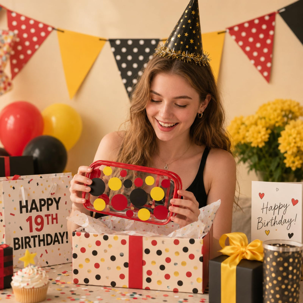 Locmeo 12 Pcs Cartoon Mouse Makeup Bag Bulk Red Yellow White Black Polka Dots Cosmetic Bag PVC Clear Toiletry Zipper Pouch for Women Female Graduation Birthday Party Gifts Decorations Supplies