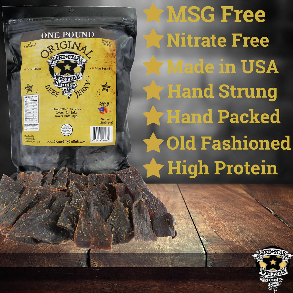 Lone Star Original Hickory Smoked Beef Jerky — 1 lb Resealable Bag | High Protein Snack