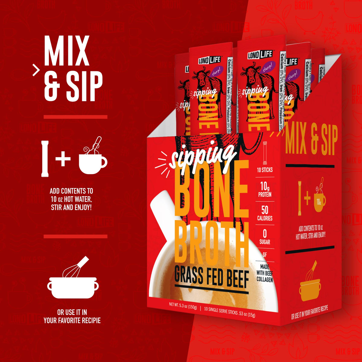 LonoLife Beef Bone Broth Powder Mix | Grass-Fed, 10g Protein, Collagen-Rich | Keto & Paleo