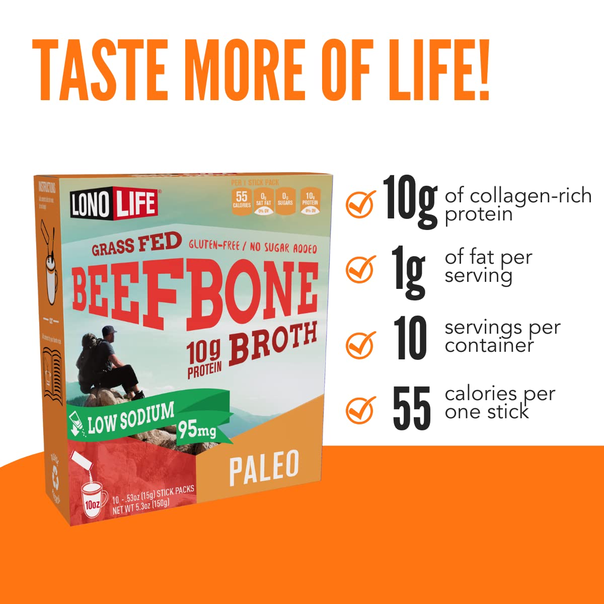 LonoLife Low Sodium Beef Bone Broth Powder Mix — 10g Protein, Grass-Fed, Keto & Paleo