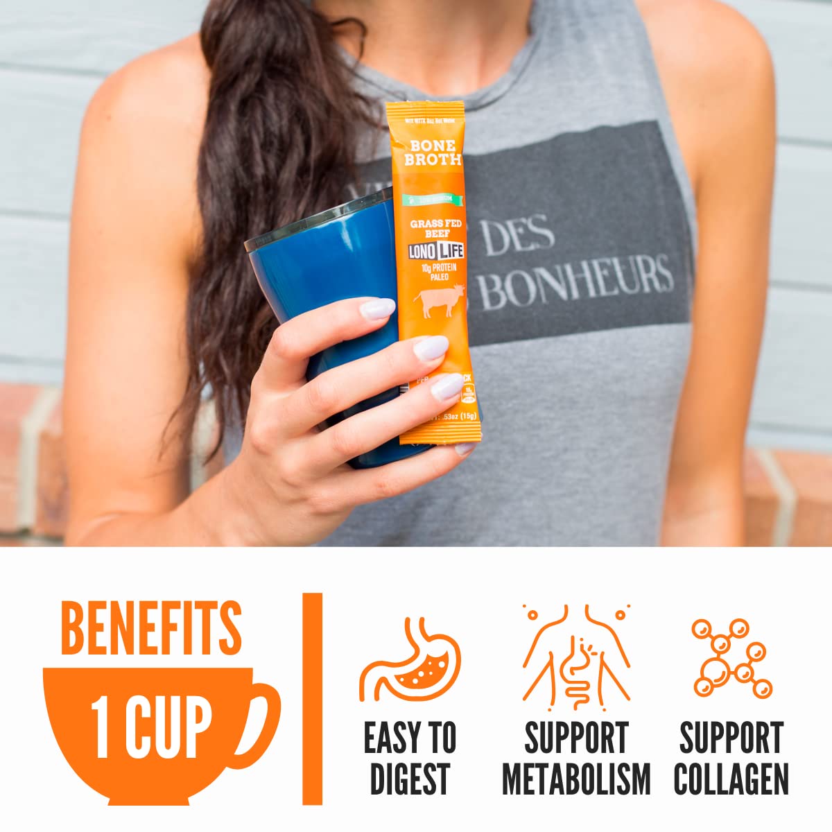 LonoLife Low Sodium Beef Bone Broth Powder Mix — 10g Protein, Grass-Fed, Keto & Paleo