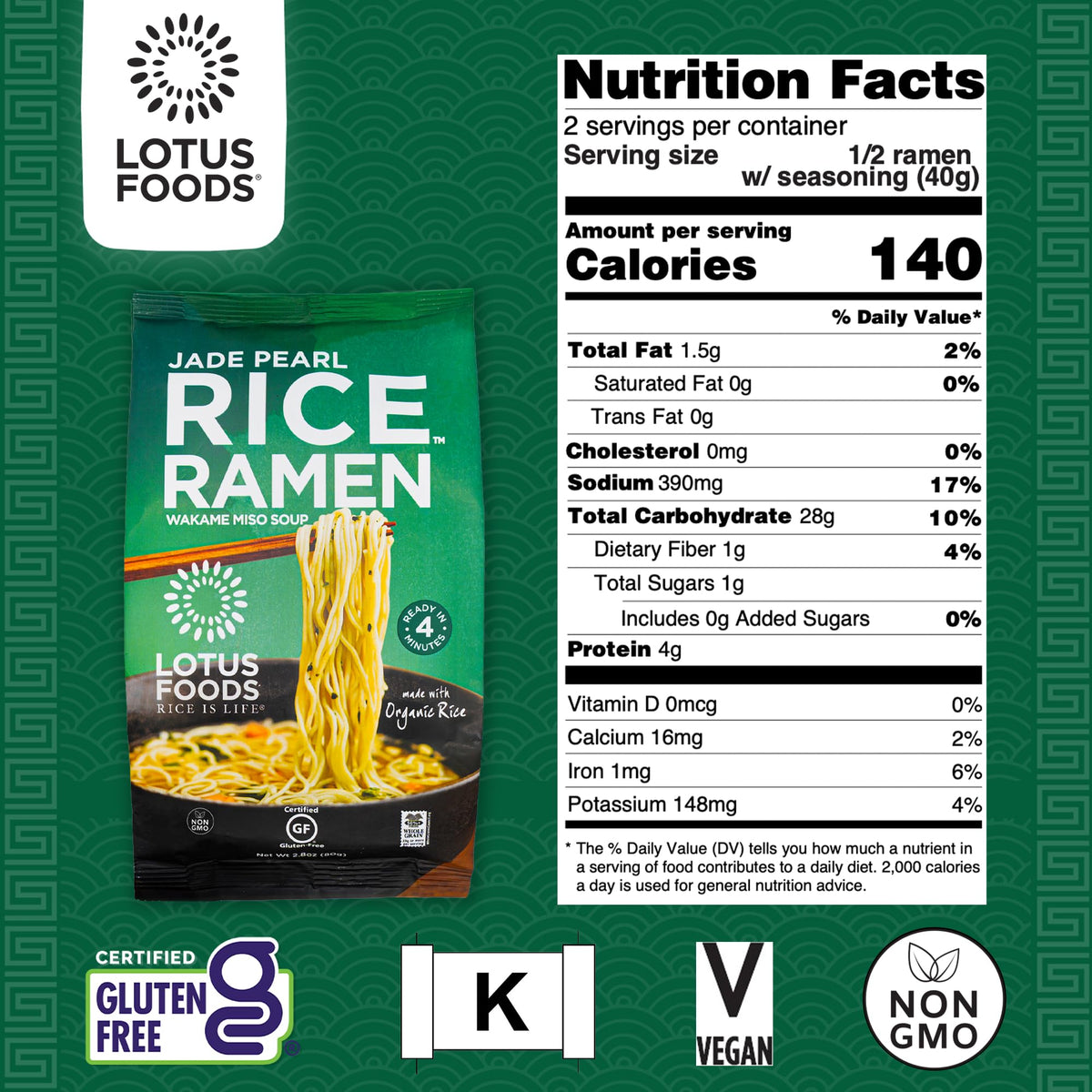 Lotus Foods Jade Pearl Organic Rice Ramen Noodles with Miso Soup - Gluten Free, Vegan, 2.8 oz Bags (Pack of 10)