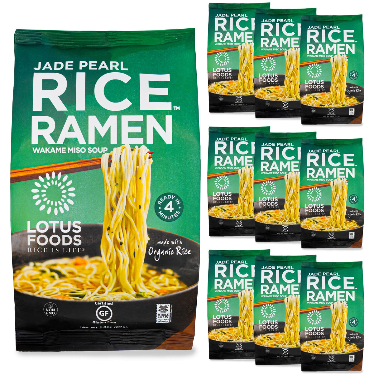 Lotus Foods Jade Pearl Organic Rice Ramen Noodles with Miso Soup - Gluten Free, Vegan, 2.8 oz Bags (Pack of 10)