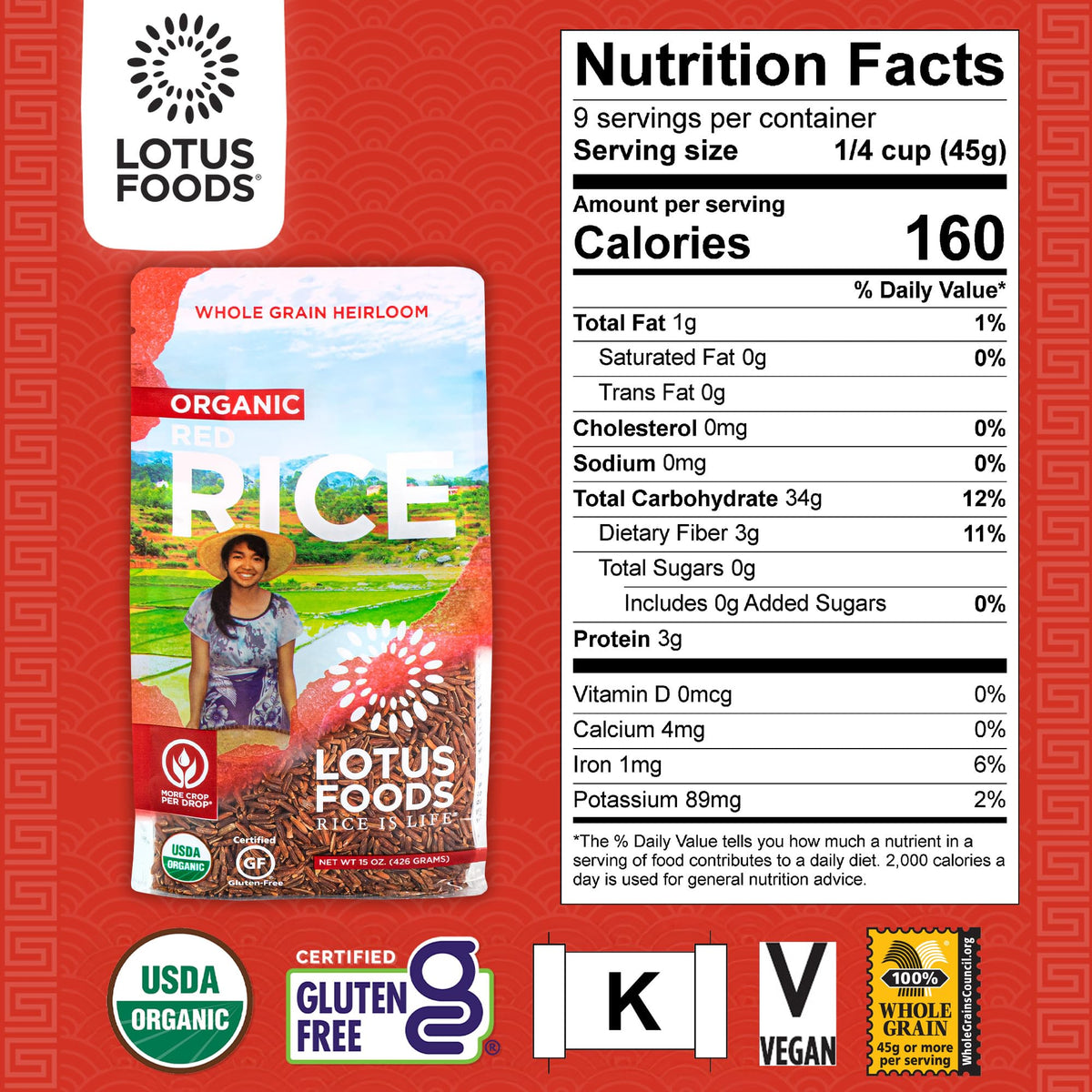 Lotus Foods Organic Red Rice - Gluten-Free Whole Grain, Non-GMO, USDA Organic, 15 oz Bags (Pack of 6)