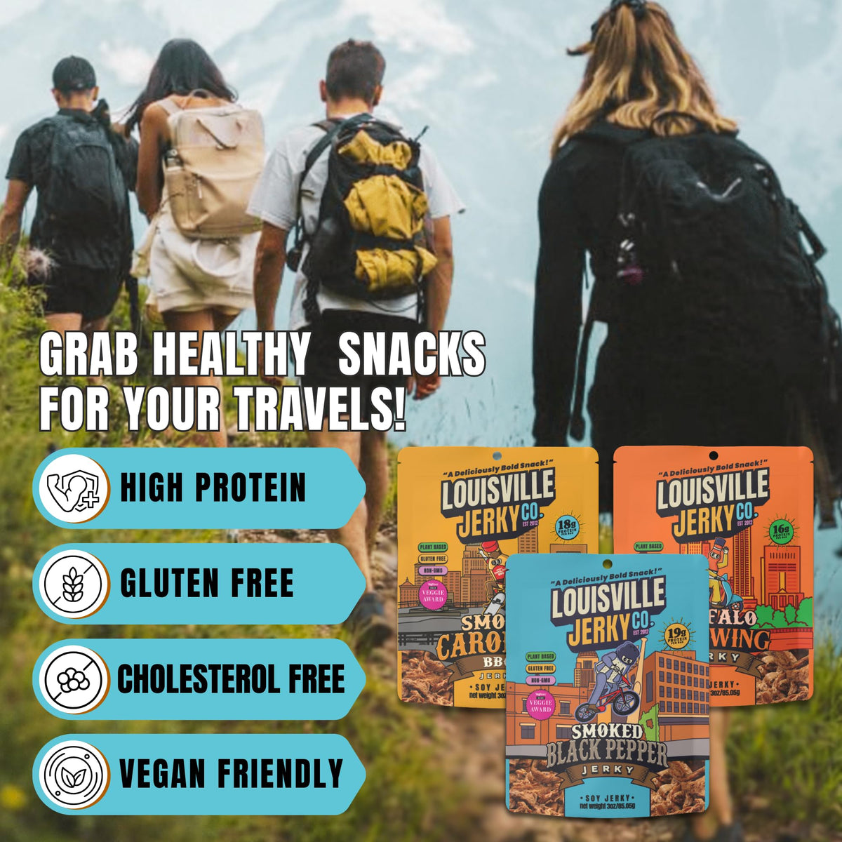 Louisville Vegan Jerky Co. Best Sellers 3-Pack Variety Bundle — 3 oz Each (Smoky Carolina BBQ, Smoked Black Pepper, Maple Bacon)