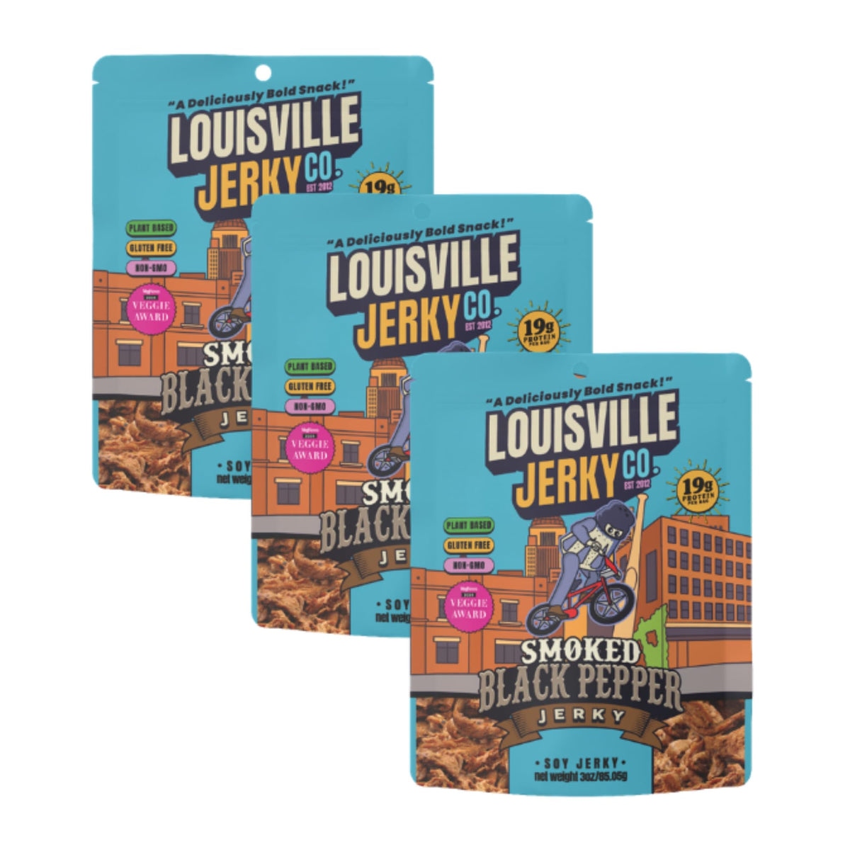 Louisville Vegan Jerky Smoked Black Pepper Plant-Based Jerky | 3 oz Pack (3-Pack) – Gluten Free