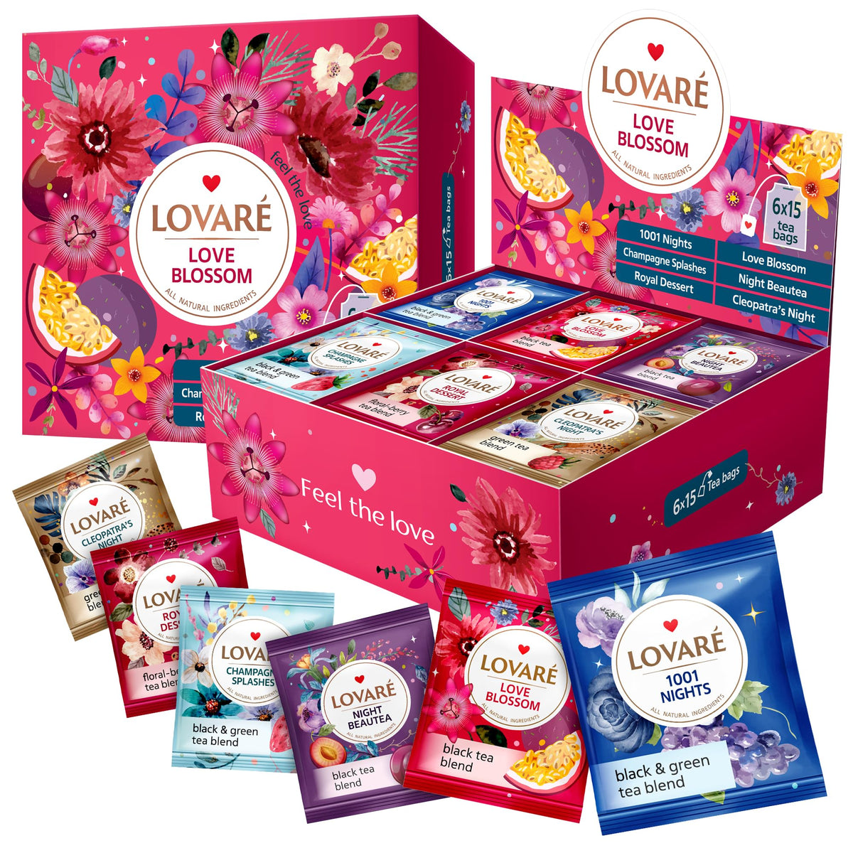 LOVARE Love Blossom Tea Set – 90 Tea Bags, 6 Flavors, Made in Ukraine | Gift Box
