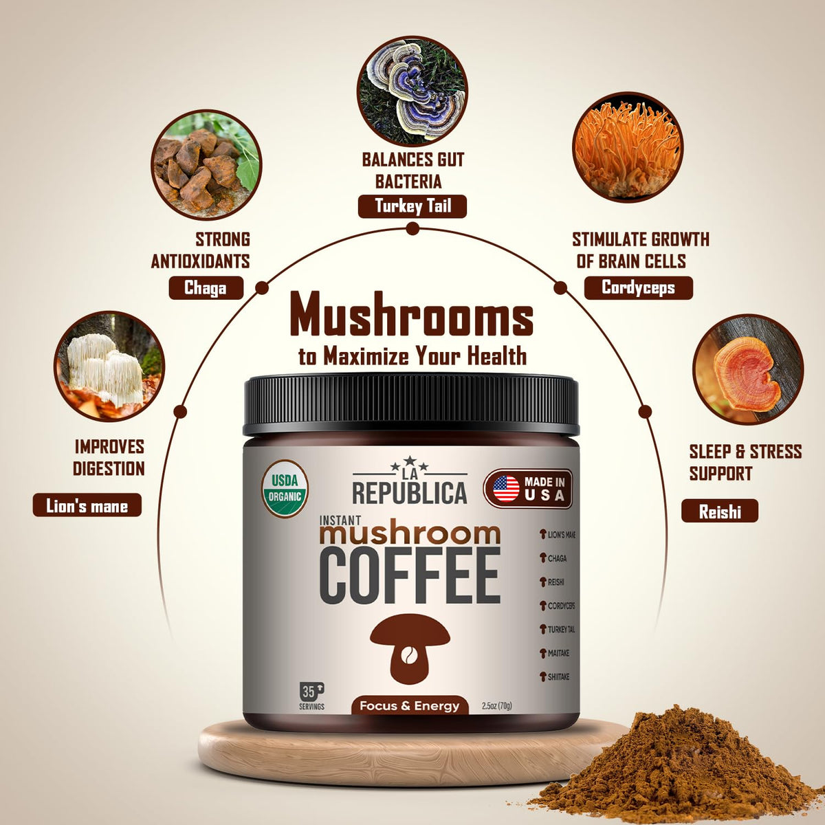 La Republica Instant Mushroom Coffee Organic – 100% Arabica with Lion's Mane, Reishi & 5 More Mushrooms for Focus, Immunity, Energy Support & Fast Metabolism – 35 Servings | LRLA SUPERFOODS