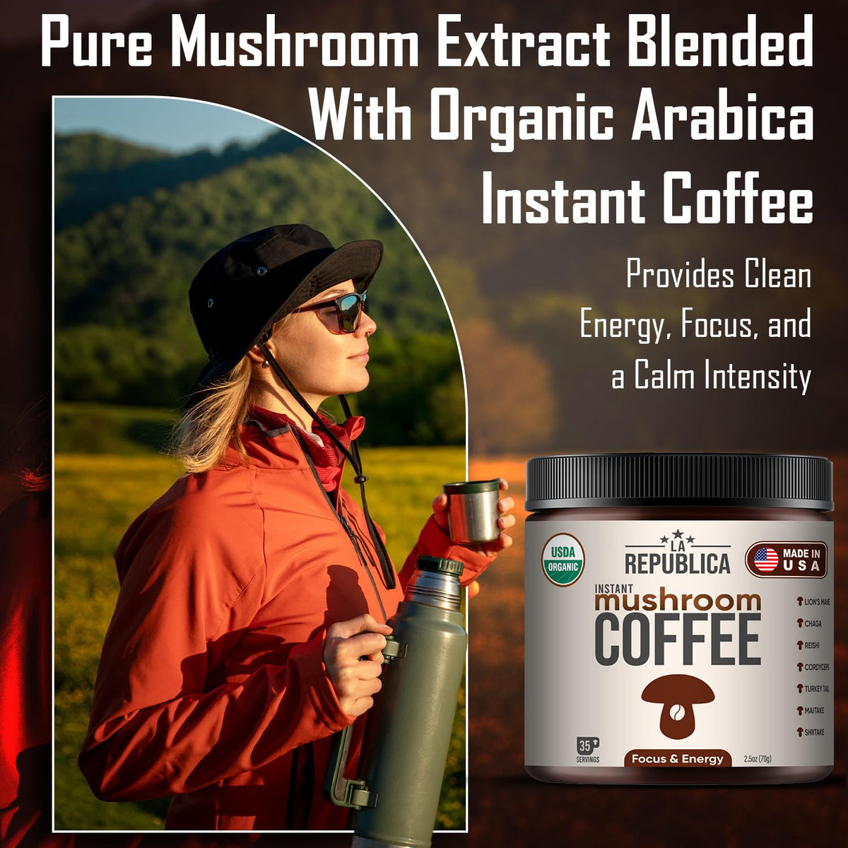 La Republica Instant Mushroom Coffee Organic – 100% Arabica with Lion's Mane, Reishi & 5 More Mushrooms for Focus, Immunity, Energy Support & Fast Metabolism – 35 Servings | LRLA SUPERFOODS