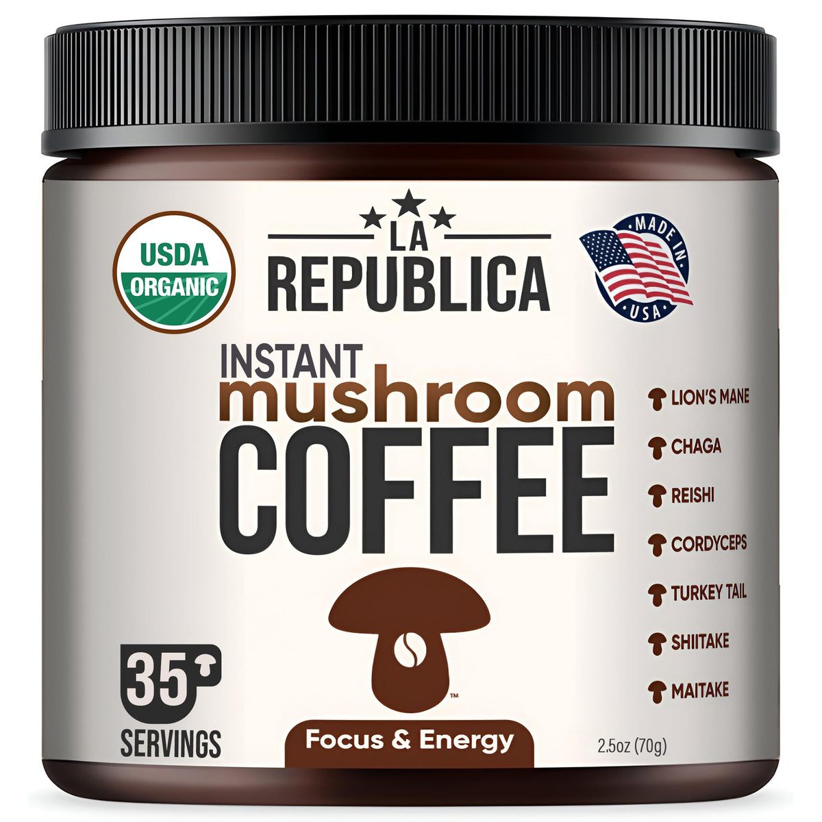 La Republica Instant Mushroom Coffee Organic – 100% Arabica with Lion's Mane, Reishi & 5 More Mushrooms for Focus, Immunity, Energy Support & Fast Metabolism – 35 Servings | LRLA SUPERFOODS