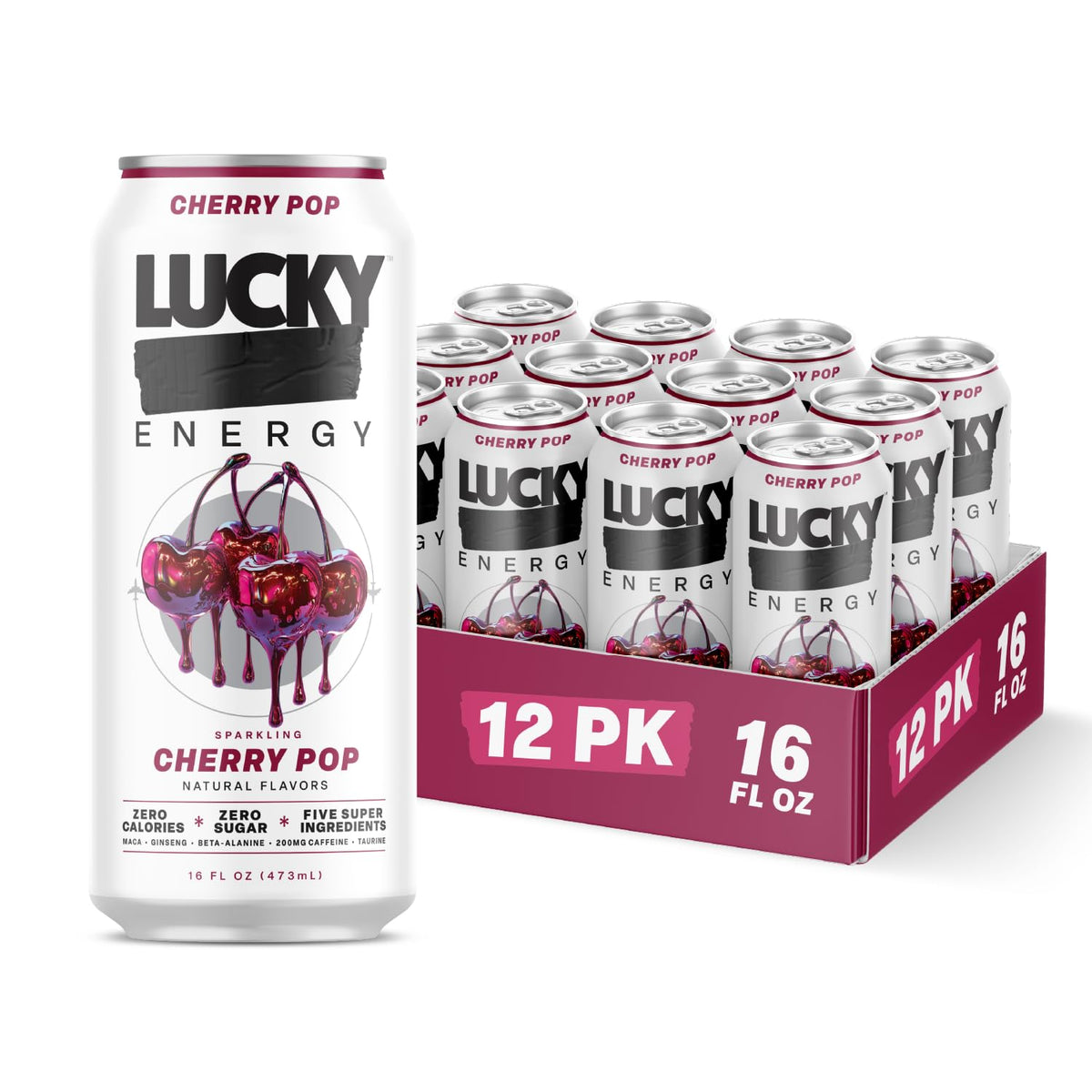 Lucky Energy Sugar Free Cherry Pop – 16oz Cans (12-Pack) Zero Sugar Energy Drink