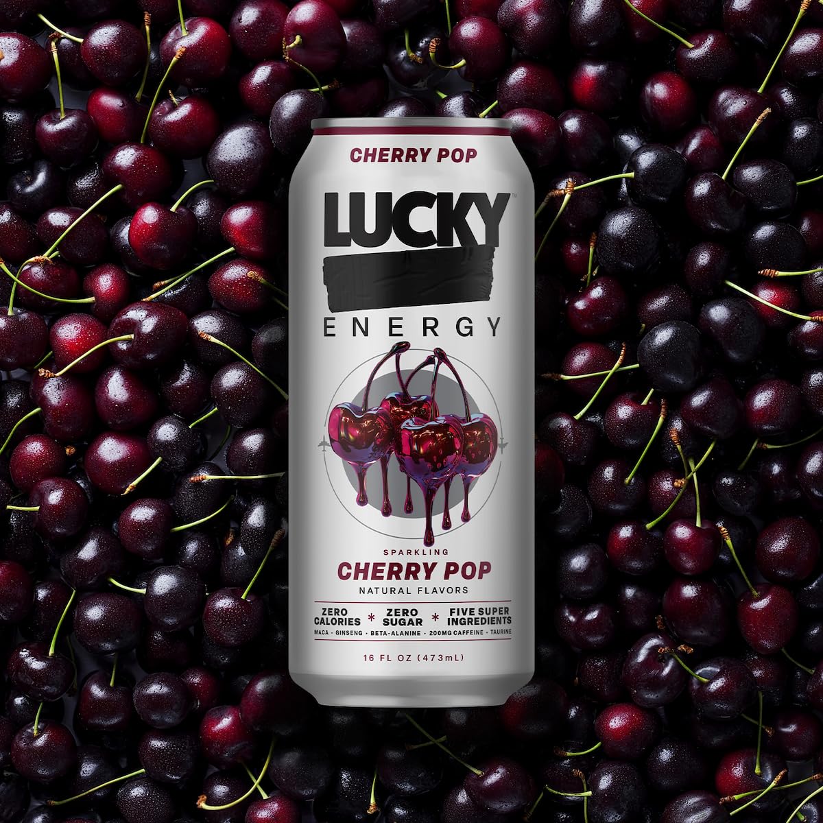 Lucky Energy Sugar Free Cherry Pop – 16oz Cans (12-Pack) Zero Sugar Energy Drink