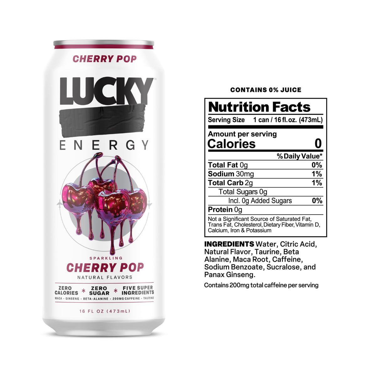 Lucky Energy Sugar Free Cherry Pop – 16oz Cans (12-Pack) Zero Sugar Energy Drink