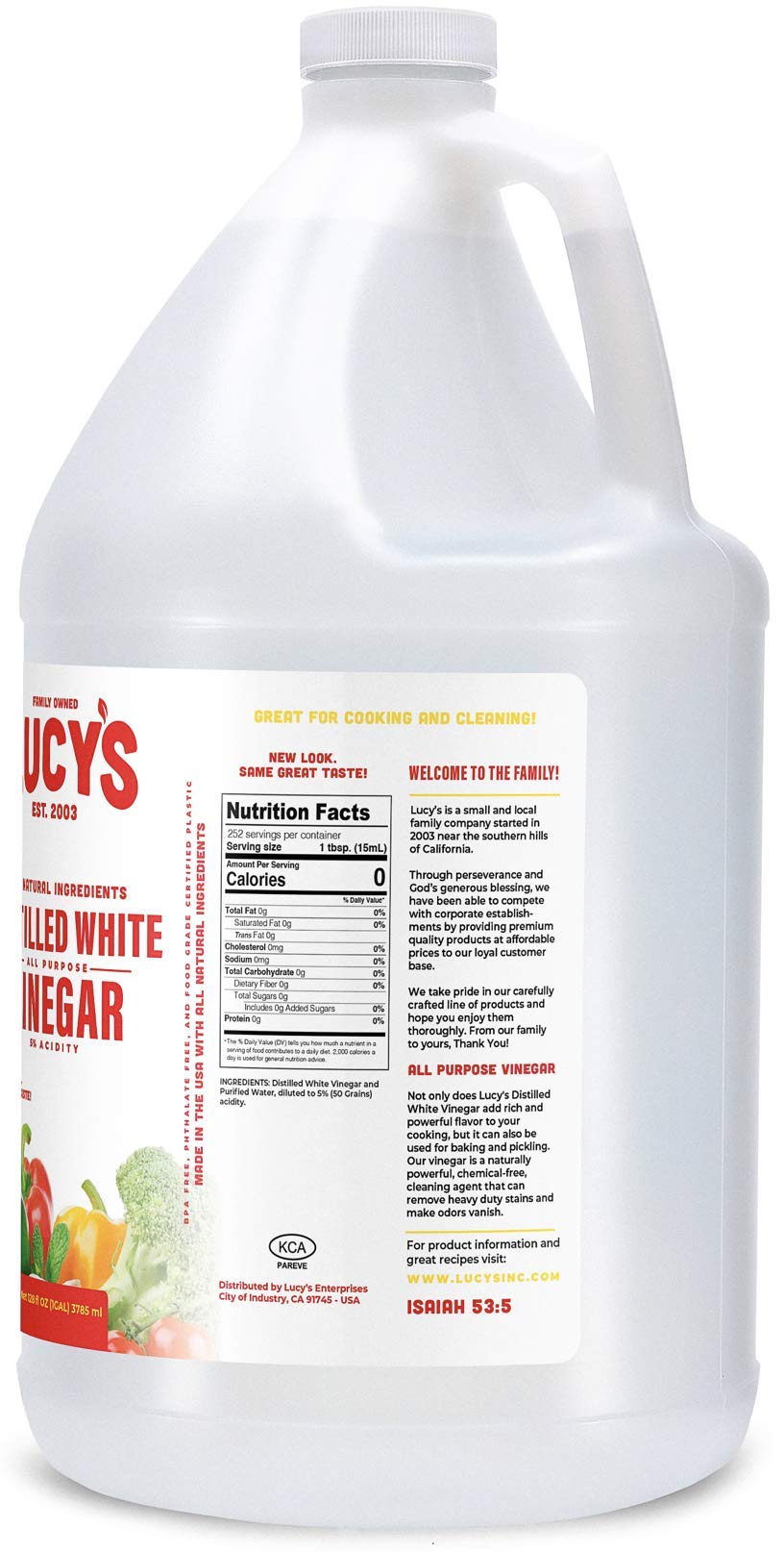 Lucy's Natural Distilled White Vinegar - 1 Gallon, 5% Acidity, Family-Owned