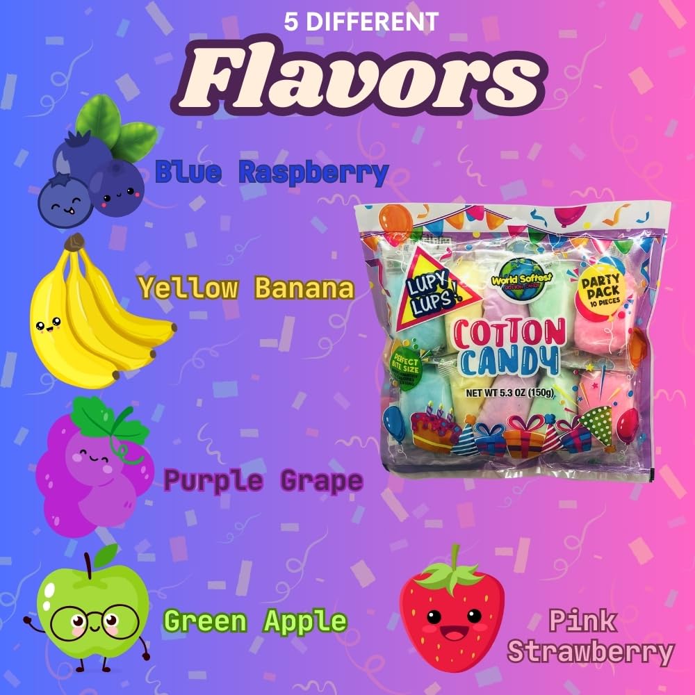 Lupy Lups! Cotton Candy Party Pack – 30 Individually Wrapped Mini Bags, 0.5 oz Each, Assorted Flavors