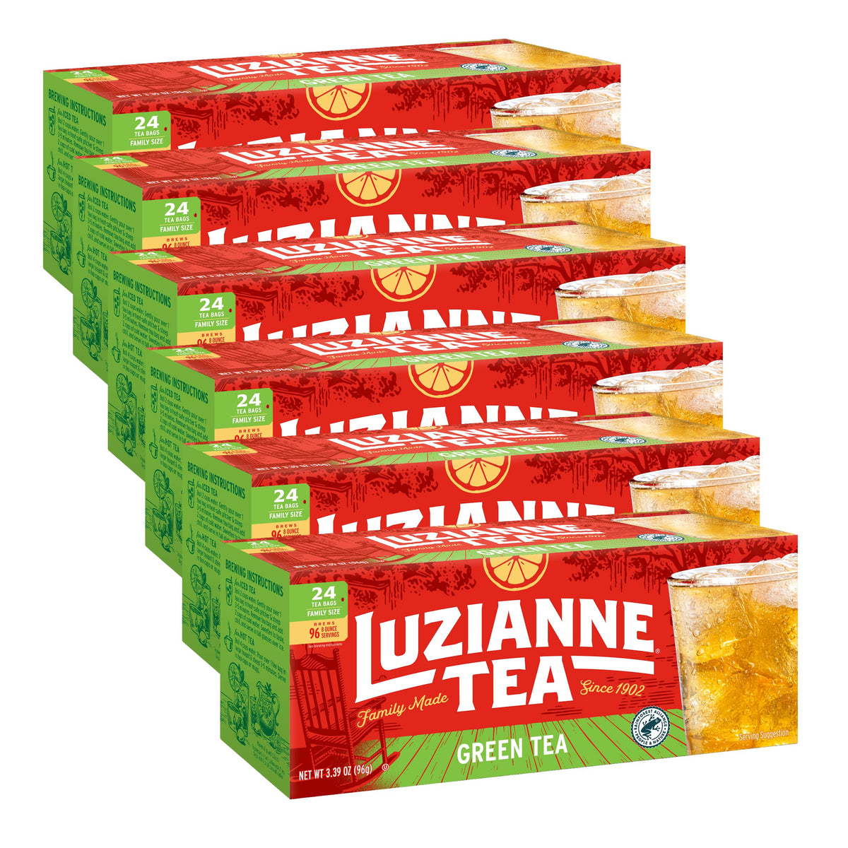 Luzianne Green Tea Bags – Family Size 24ct Box (Pack of 6) | Iced Tea Since 1932