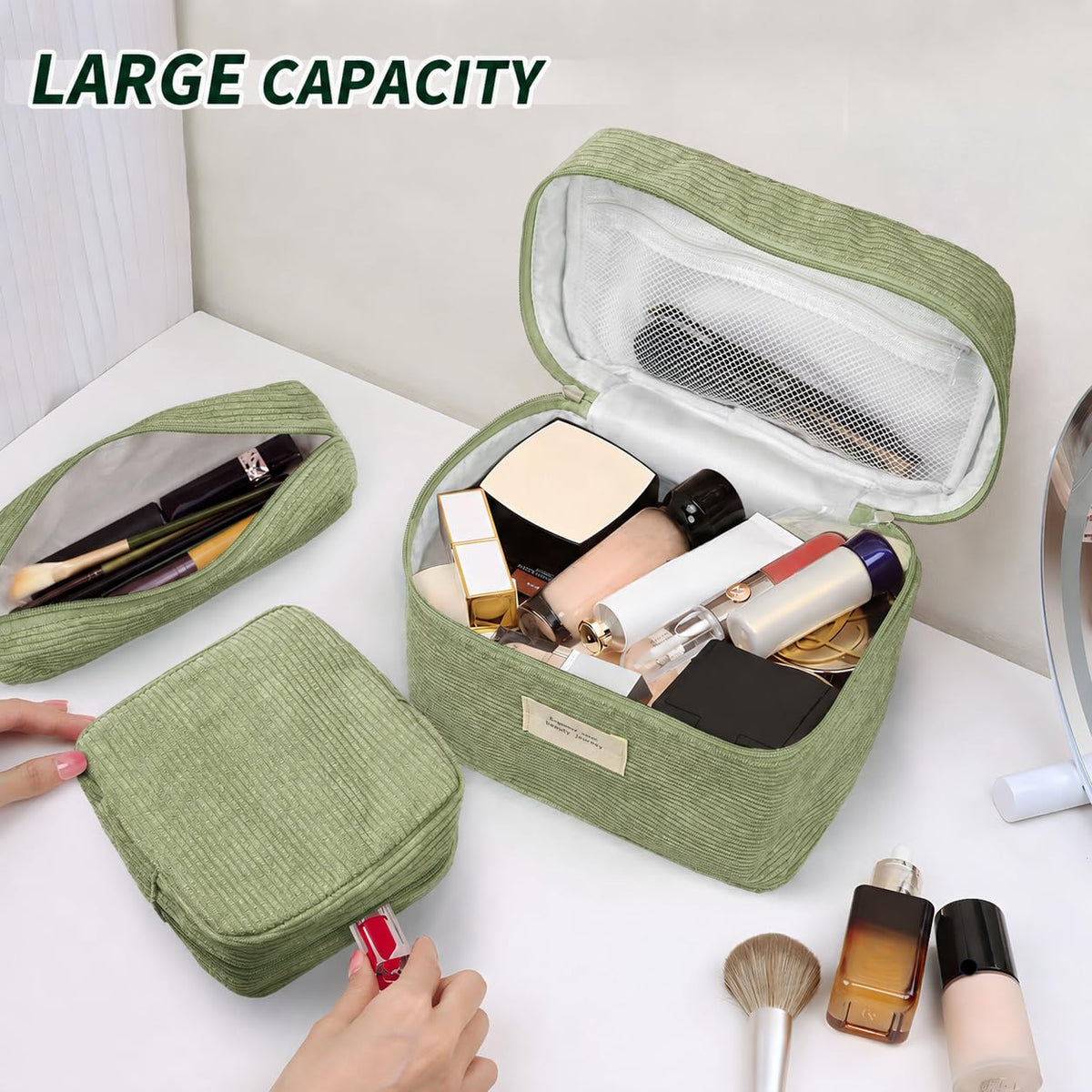 LVWNM 4Pcs Makeup Bag Set for Women Corduroy Cosmetic Bag (09-LightGreen)