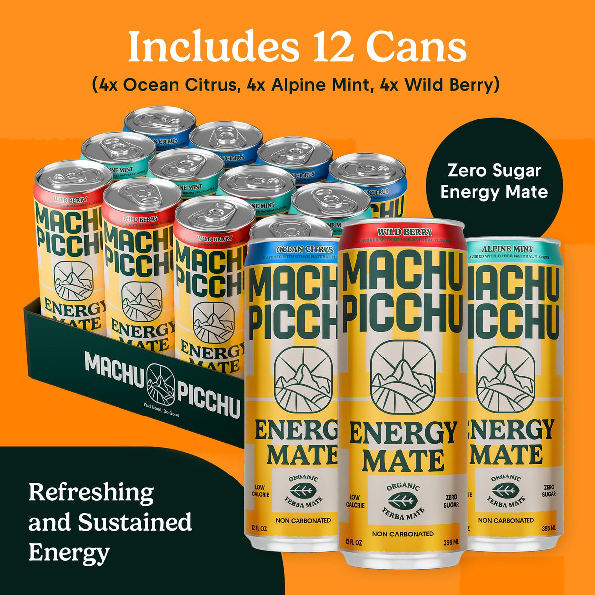 MACHU PICCHU 12-Pack Zero Sugar Yerba Mate Energy Drink – 120mg Organic Caffeine, Non-Carbonated, 12oz