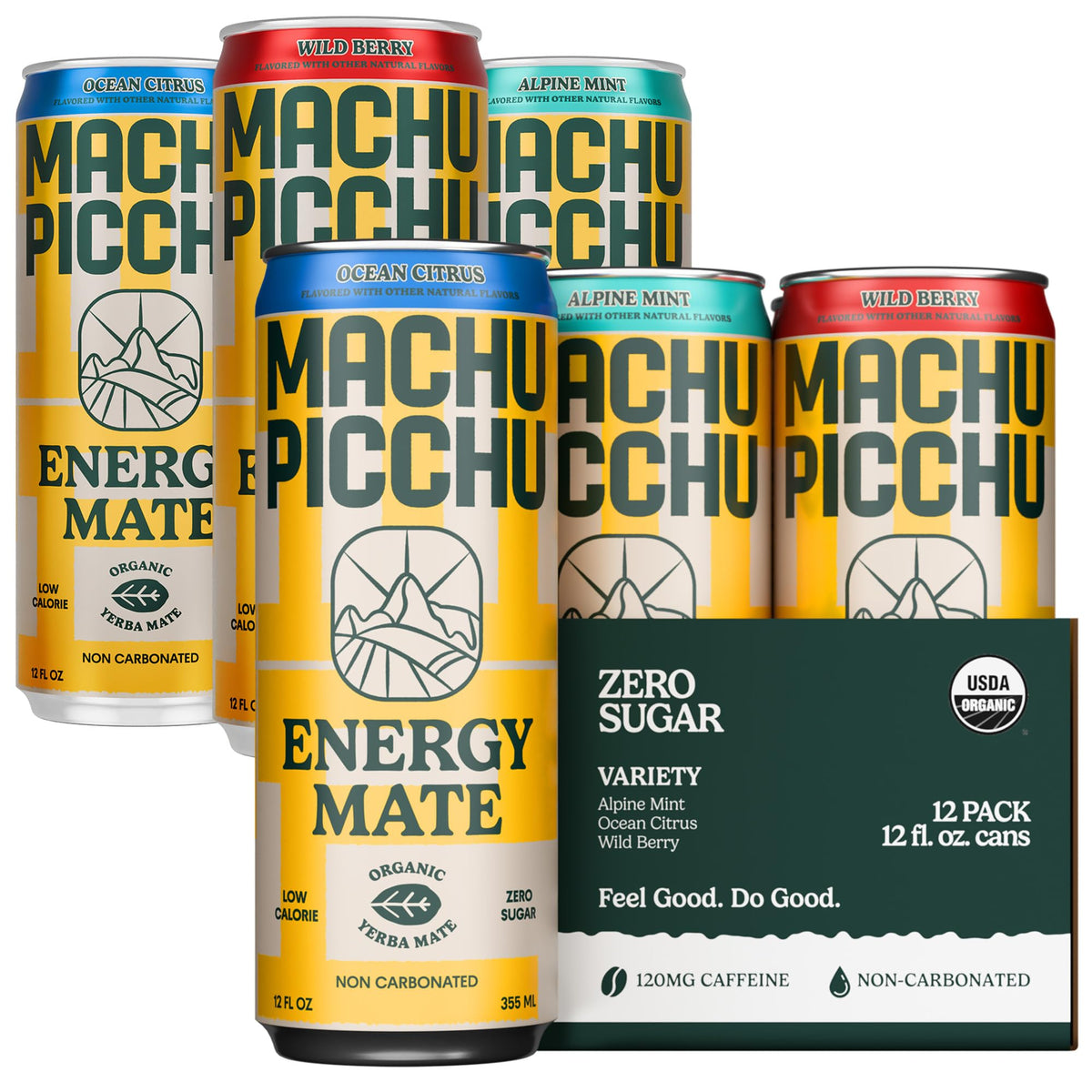 MACHU PICCHU 12-Pack Zero Sugar Yerba Mate Energy Drink – 120mg Organic Caffeine, Non-Carbonated, 12oz