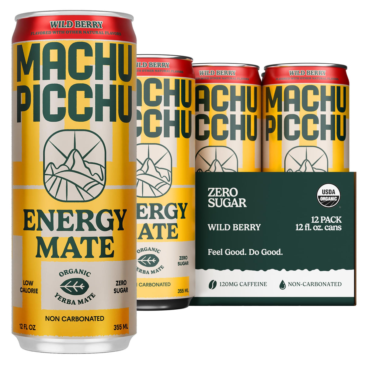 MACHU PICCHU 12-Pack Wild Berry Energy Mate: Zero Sugar, 120mg Organic Caffeine, Non-Carbonated