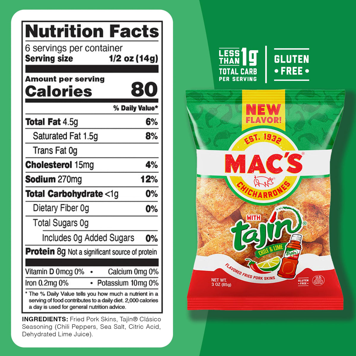 Mac's Tajin Chili Lime Pork Skins – 12-Pack, 3oz Each | Low Carb Gluten-Free Keto Snack