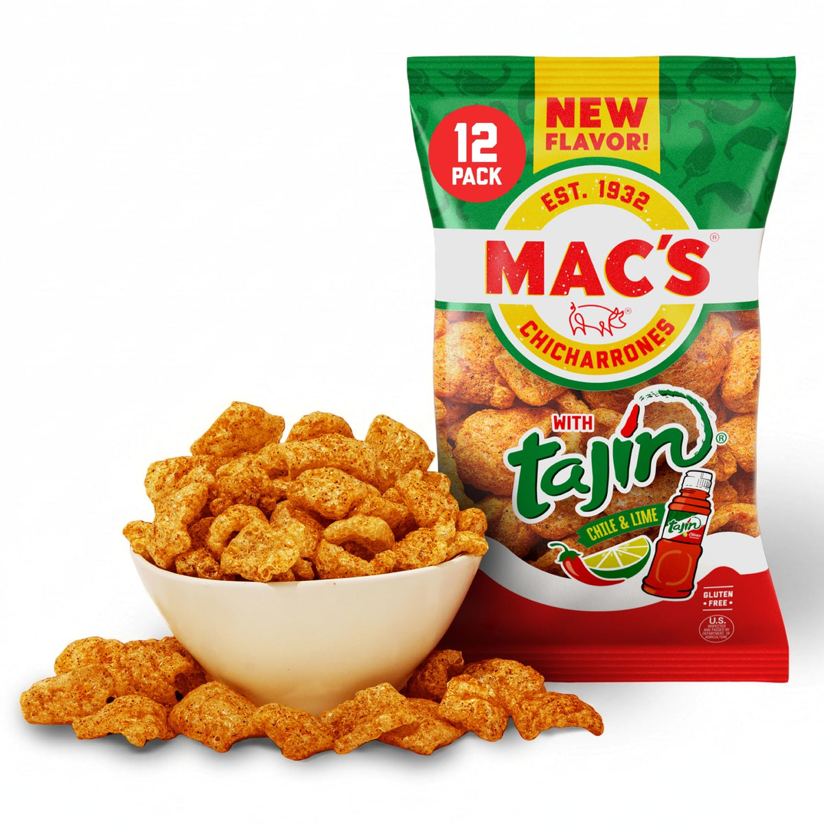 Mac's Tajin Chili Lime Pork Skins – 12-Pack, 3oz Each | Low Carb Gluten-Free Keto Snack