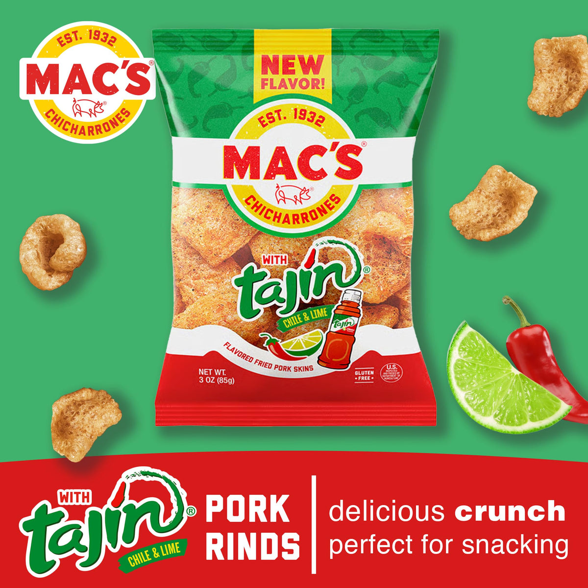 Mac's Tajin Chili Lime Pork Skins – 12-Pack, 3oz Each | Low Carb Gluten-Free Keto Snack