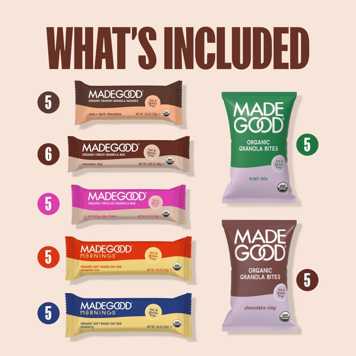MadeGood Granola Variety Pack – Crunchy Squares, Bites, Bars & Morning Bars