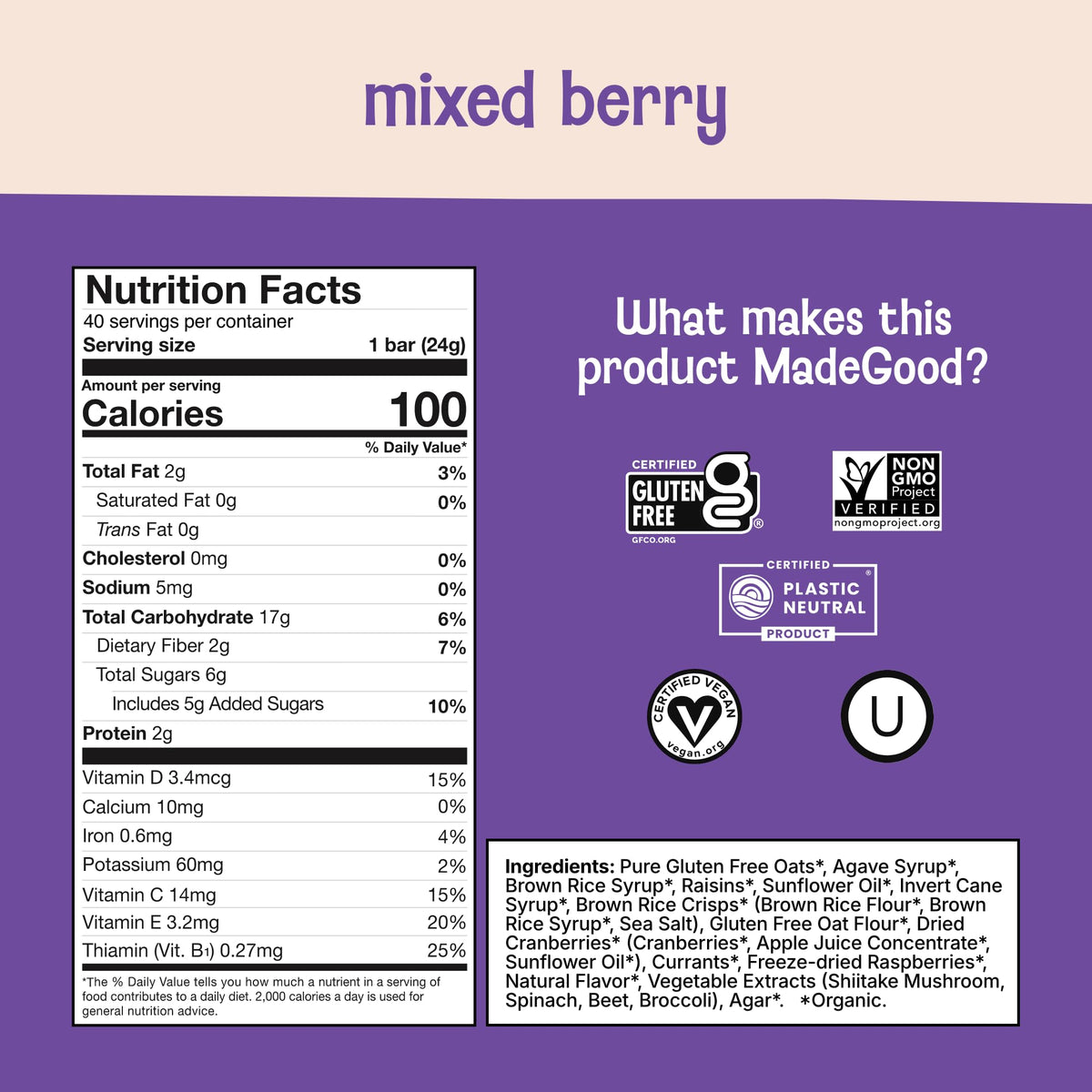 MadeGood Mixed Berry Granola Bars – Gluten Free & Organic Snack (40 Count, 0.85 oz Each)