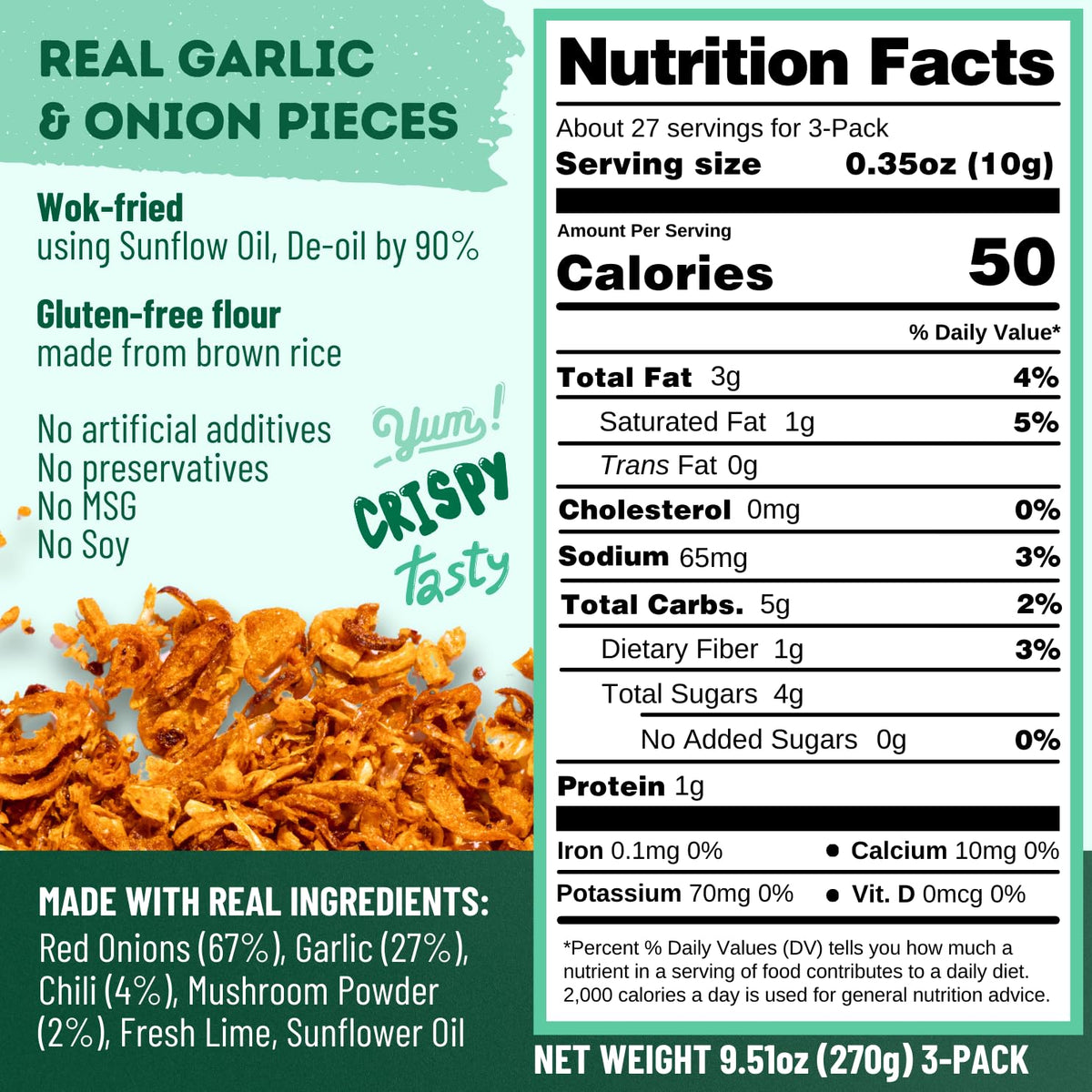 MaeMai Crispy Onion Garlic Flakes (MILD) – 3 Pack, Gluten Free & Vegan, 9.51 oz