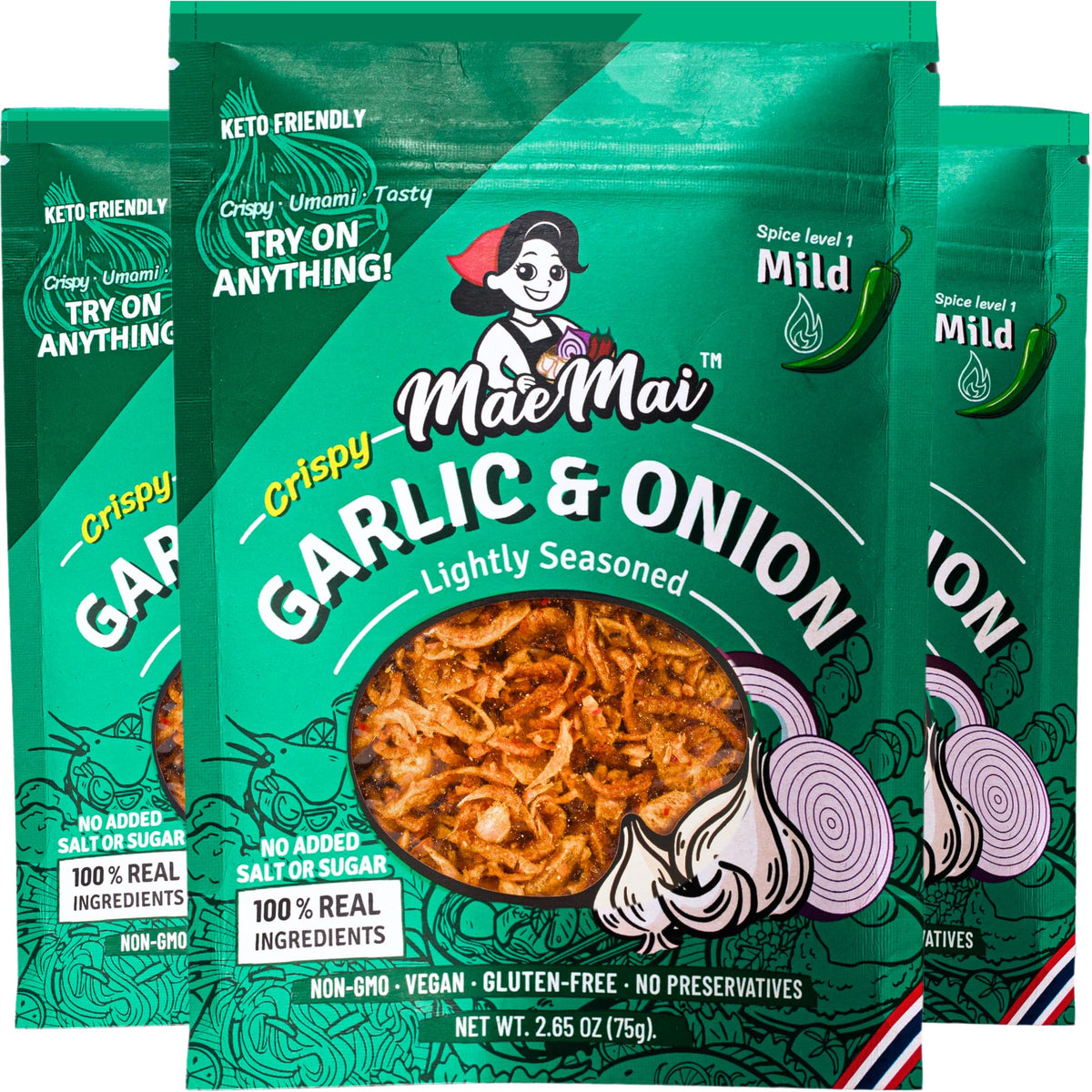 MaeMai Crispy Onion Garlic Flakes (MILD) – 3 Pack, Gluten Free & Vegan, 9.51 oz