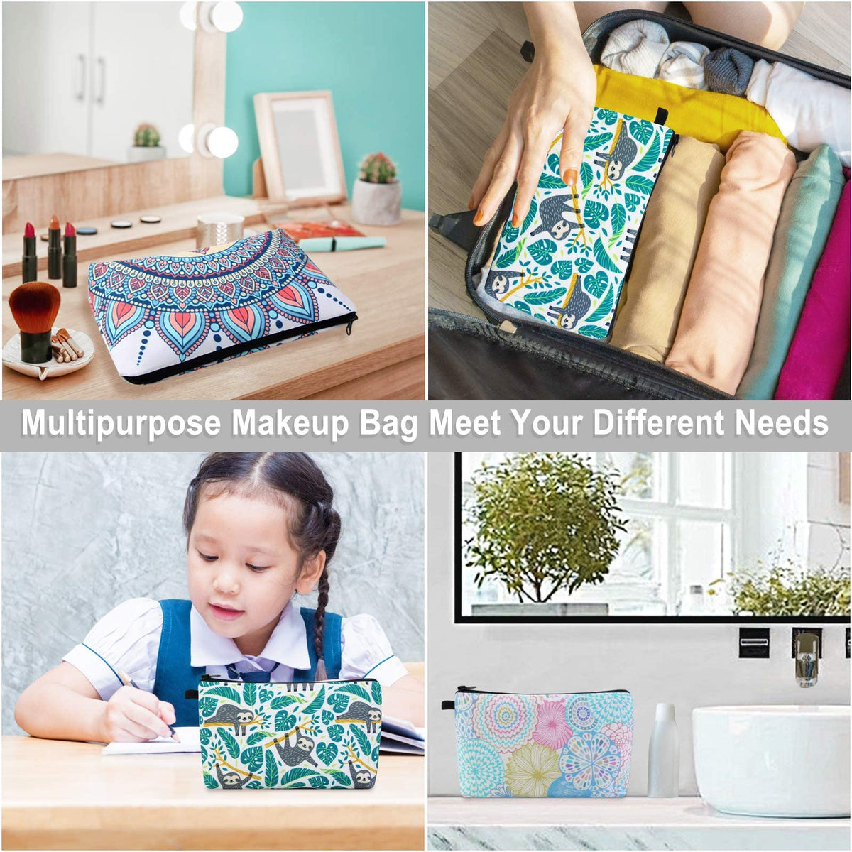 MAGEFY Makeup Bag 3 Styles Portable Travel Cosmetic Bag for Women Flower Patterns Small Toiletry Bag Sloth Gifts for Women Makeup Pouch with Black Zipper Pouch (3 packs)