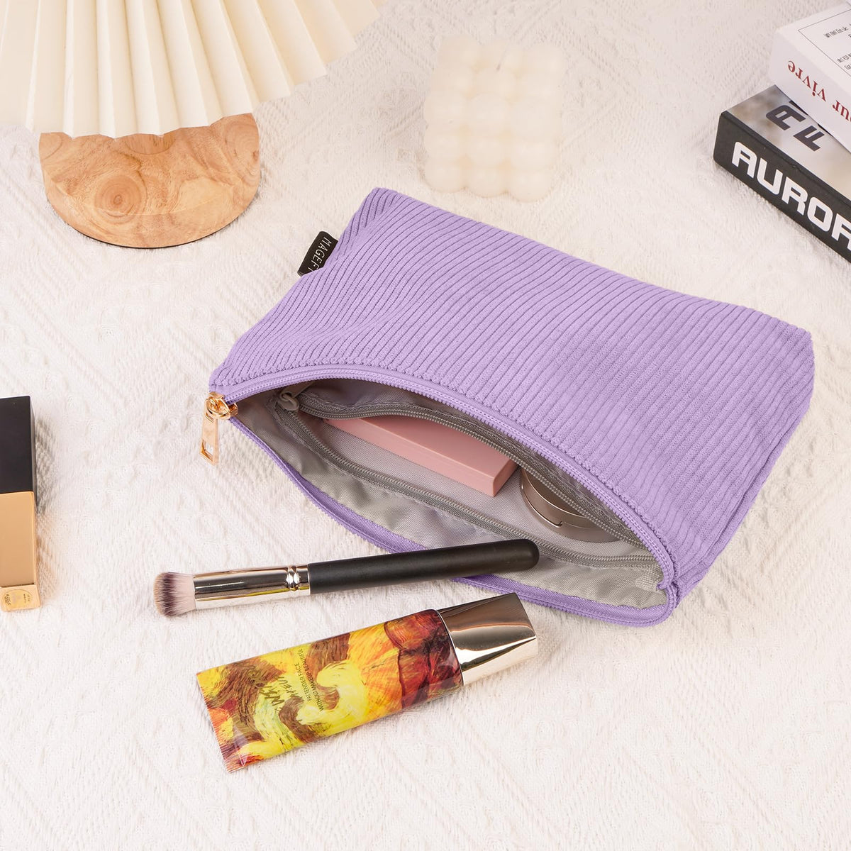 MAGEFY Small Makeup Bag for Purse Corduroy Makeup Bag with Inner Zipper Pockets Travel Cosmetic Bag for Women Preppy Stuff, Purple