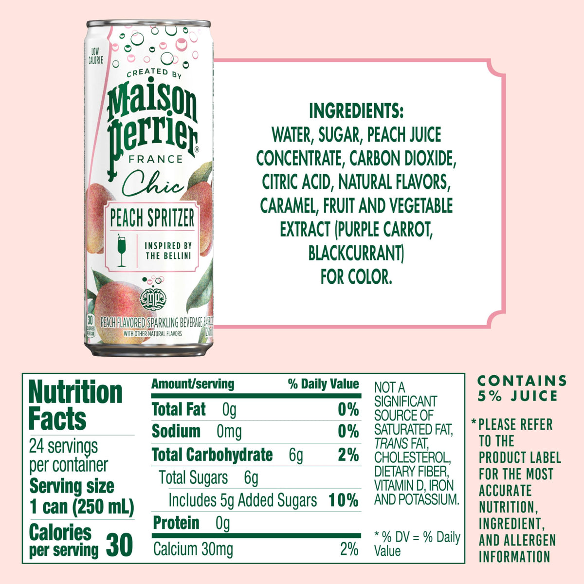 Maison Perrier Chic Peach Spritzer – Low-Calorie Sparkling Mocktail, 24-Pack