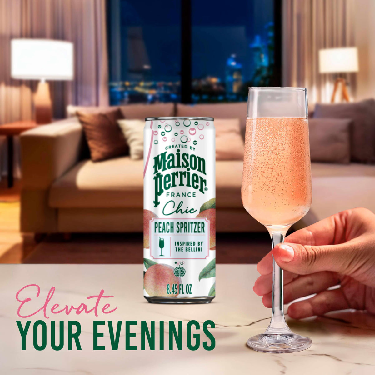 Maison Perrier Chic Peach Spritzer – Low-Calorie Sparkling Mocktail, 24-Pack