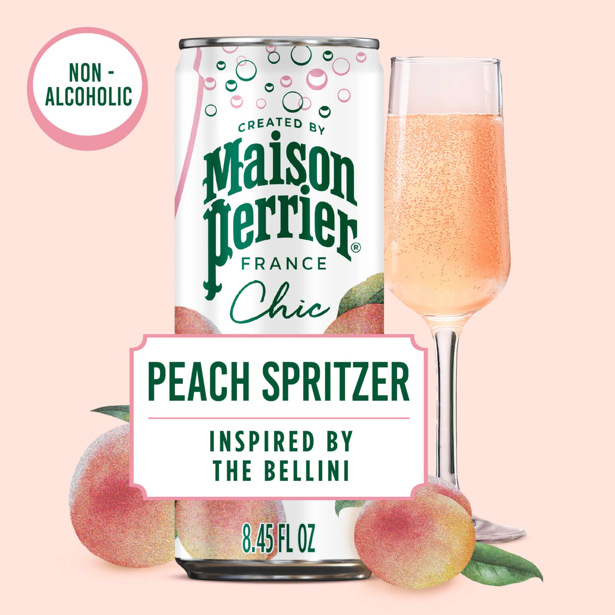 Maison Perrier Chic Peach Spritzer – Low-Calorie Sparkling Mocktail, 24-Pack
