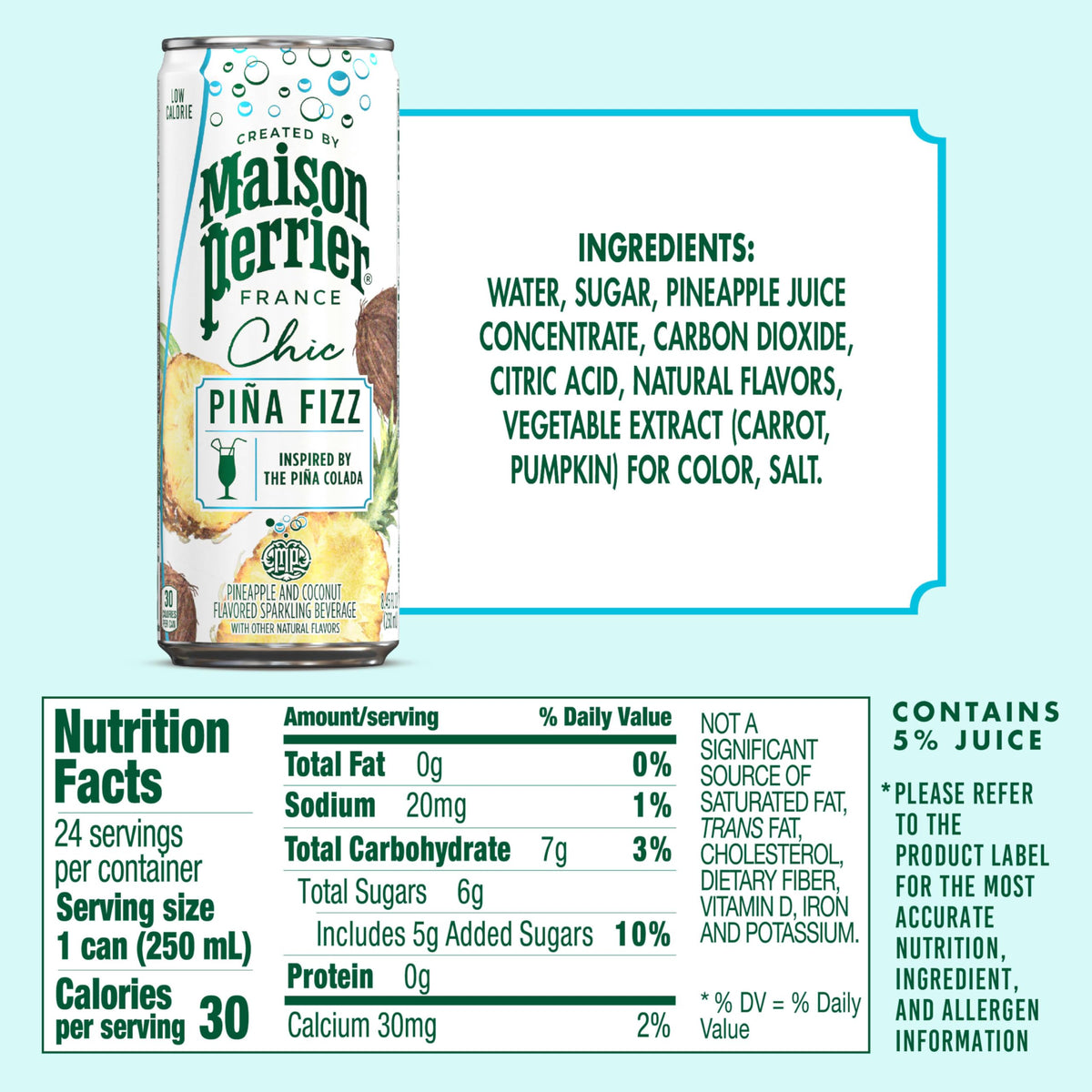 Maison Perrier Chic Piña Fizz Pineapple & Coconut Sparkling Mocktail - Low Calorie, 24-Pack