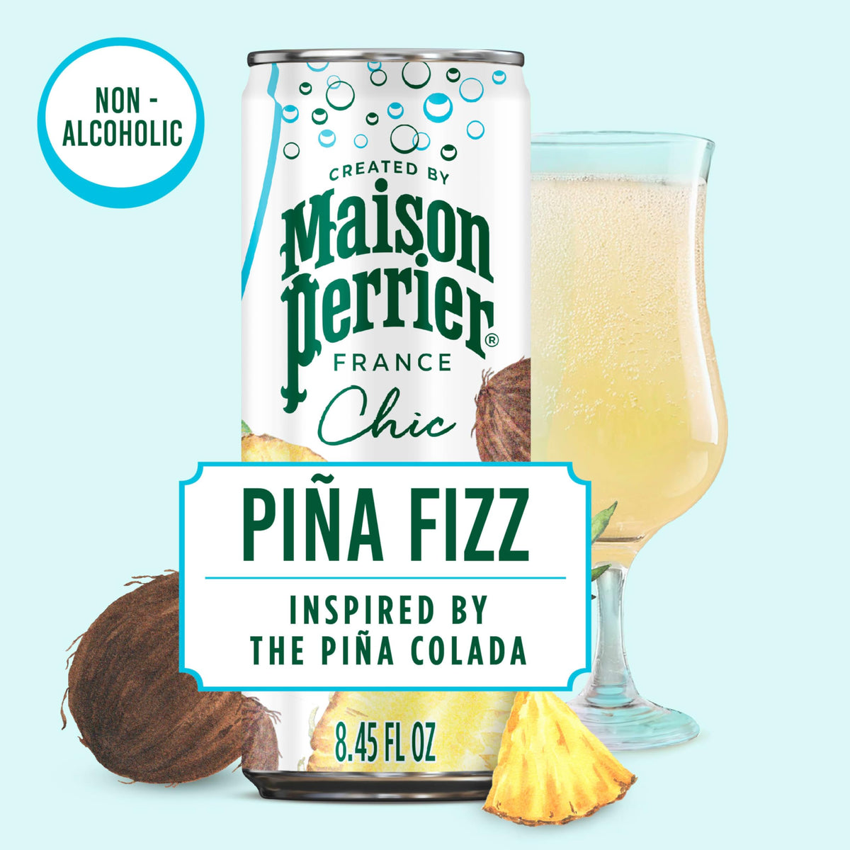 Maison Perrier Chic Piña Fizz Pineapple & Coconut Sparkling Mocktail - Low Calorie, 24-Pack