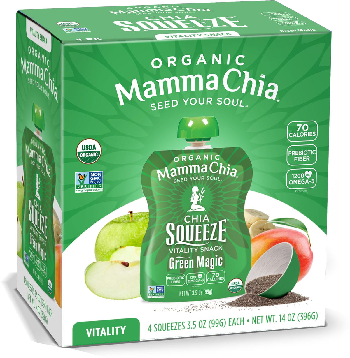 Mamma Chia Organic Vitality Squeeze Snack – Green Magic, 24 Pouches | 70 Calories Each