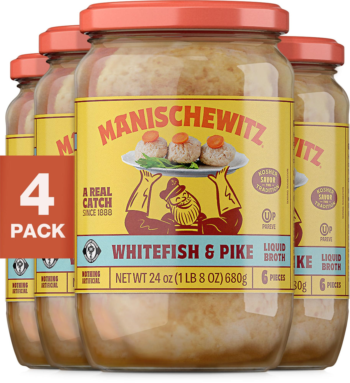 Manischewitz Whitefish & Pike Gefilte Fish in Liquid Broth – 4 Pack | Kosher for Passover