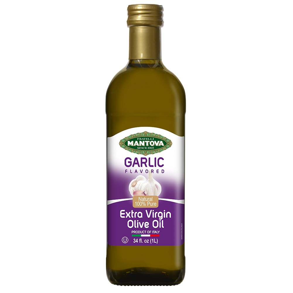 Mantova Garlic EVOO – Cold-Pressed Italian Extra Virgin Olive Oil, 34 oz Glass Bottles (Pack of 2)