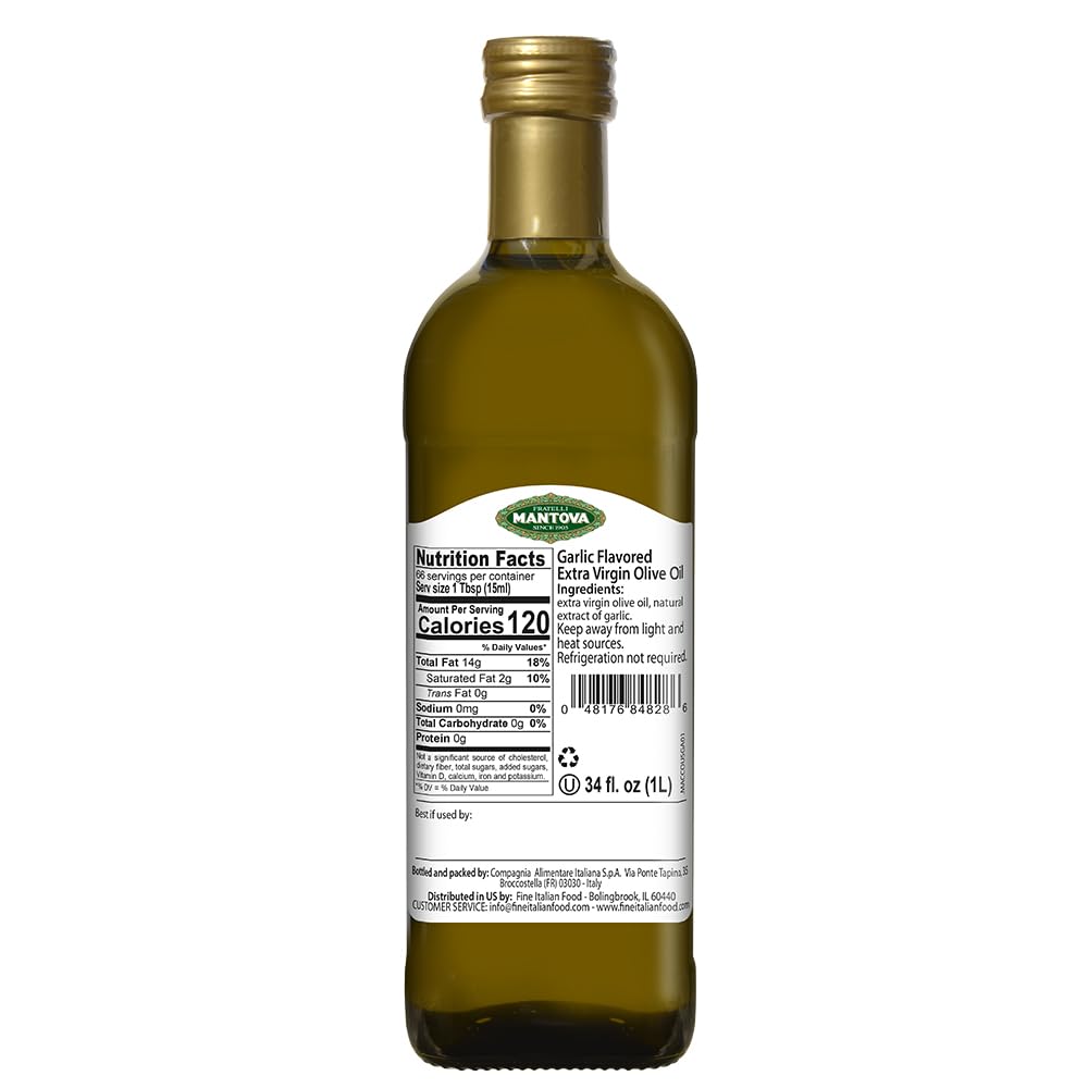 Mantova Garlic EVOO – Cold-Pressed Italian Extra Virgin Olive Oil, 34 oz Glass Bottles (Pack of 2)