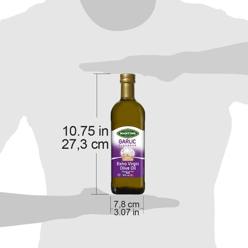 Mantova Garlic EVOO – Cold-Pressed Italian Extra Virgin Olive Oil, 34 oz Glass Bottles (Pack of 2)